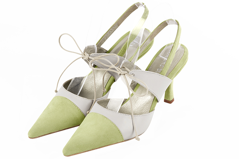 Meadow green and pure white women's open back shoes, with an instep strap. Pointed toe. High slim heel. Front view - Florence KOOIJMAN